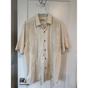 Tommy Bahama Mens Cream Silk Cotton Floral Embroidered Camp beach shirt